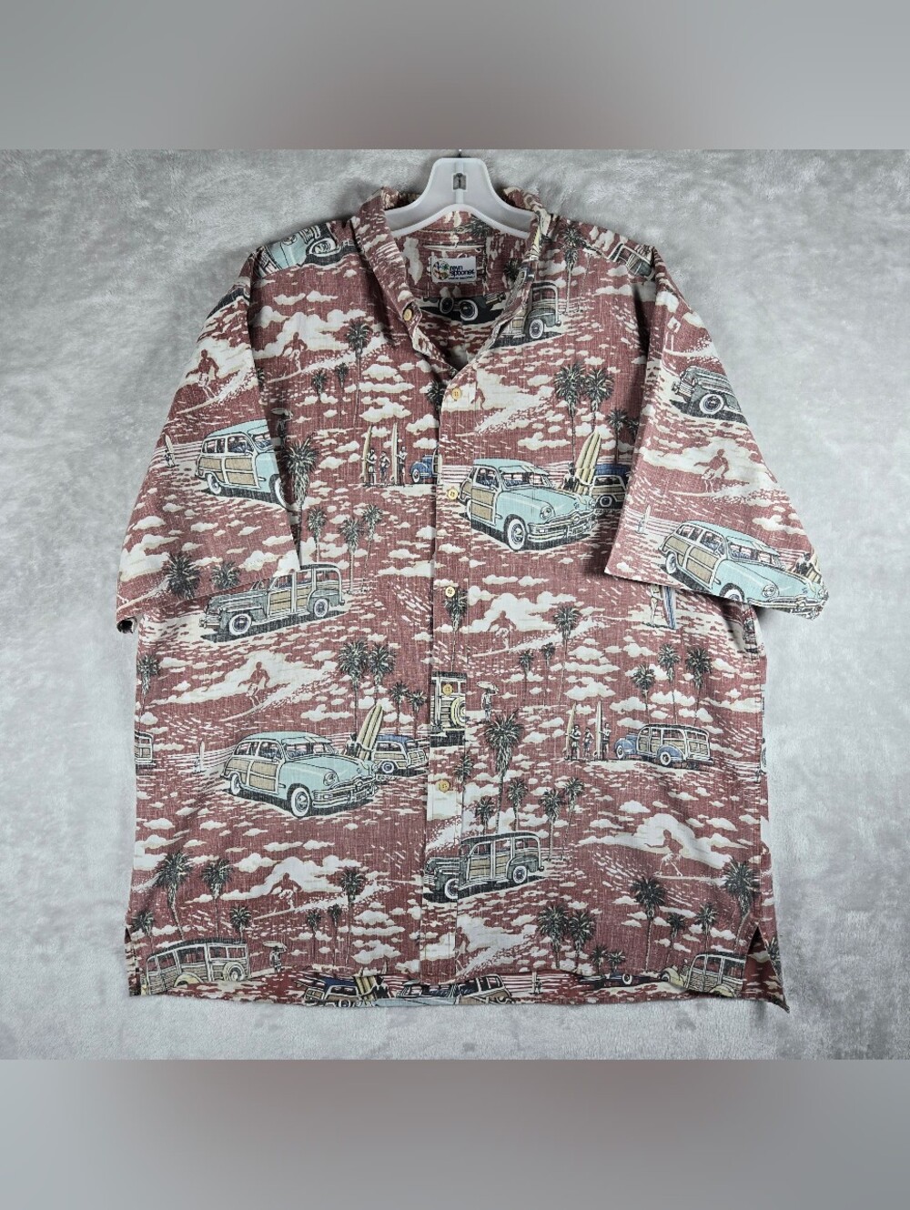 Reyn Spooner Eddy Y Classic Cars Button Up Shirt Mens XXL 2XL Red Palm Trees